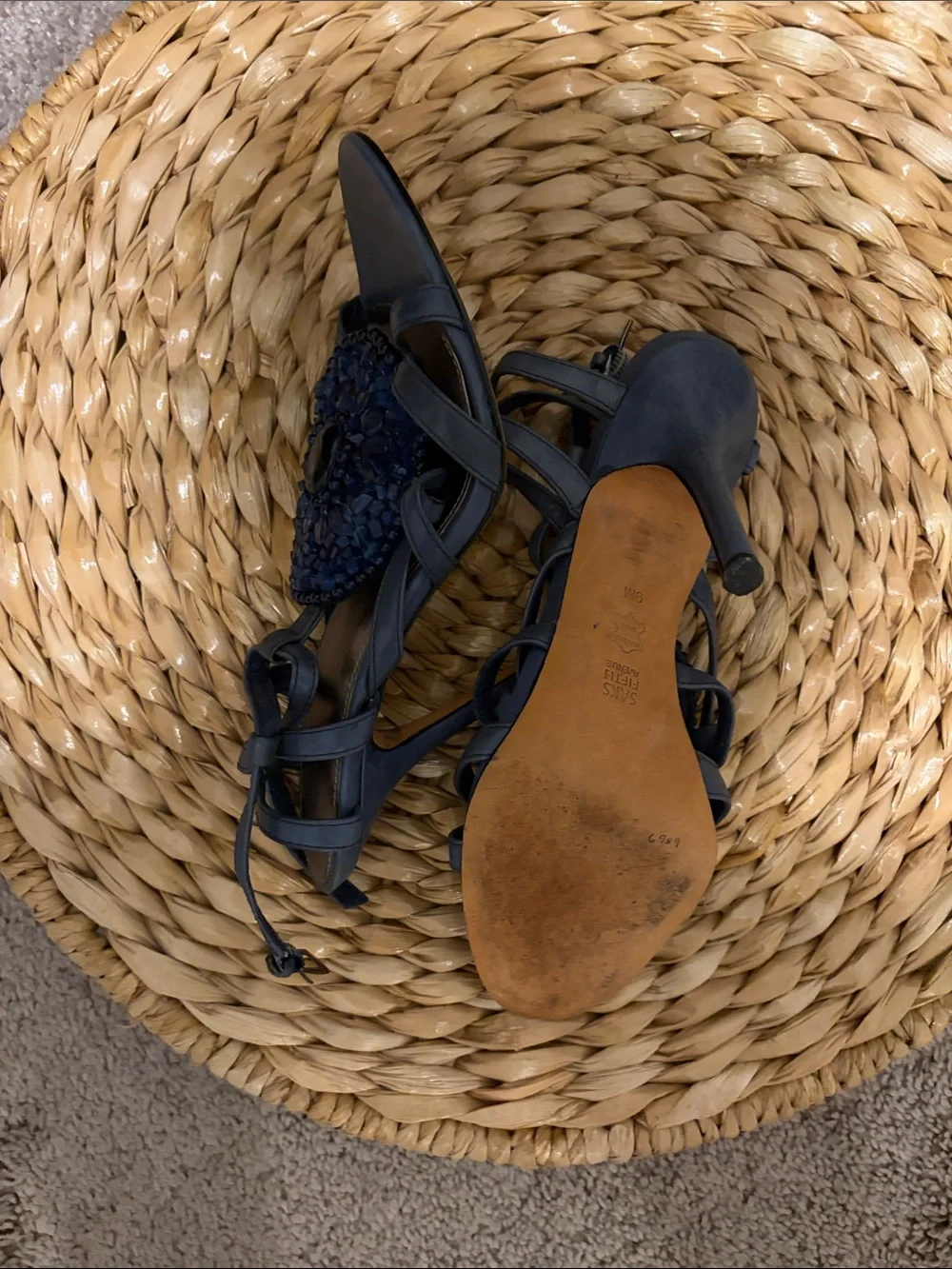 Saks Fifth Avenue Navy Beaded Strappy Heels
